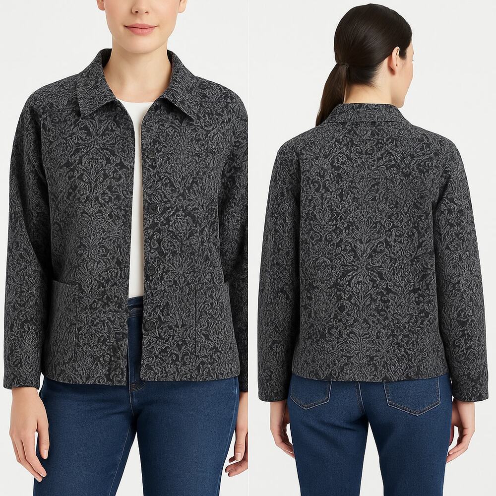 Croft & Barrow Jacket Women XL Black Gray Jacquard Button Front Pockets Casual